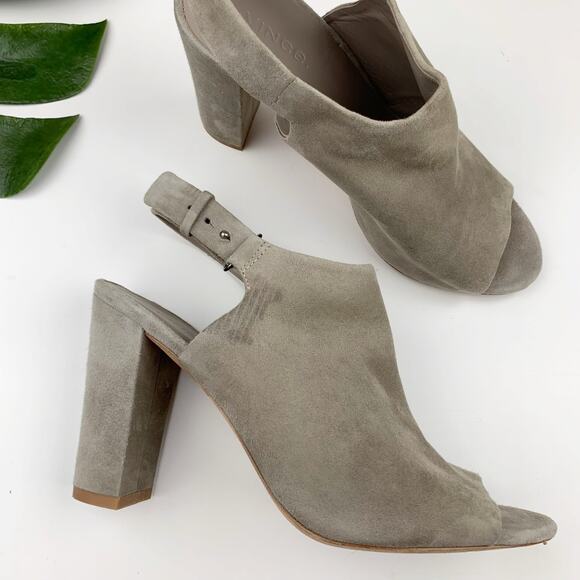 Vince Hartley Slingback Sandals Peep Toe Taupe Grey Suede Heels Women's 8.5 - Picture 1 of 12